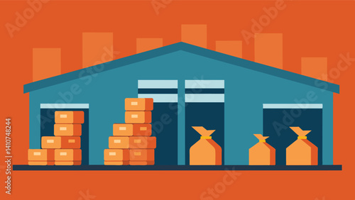 As each day passes more and more sacks sit empty in the warehouse a poignant symbol of the continuous depletion of food supplies.. Vector illustration