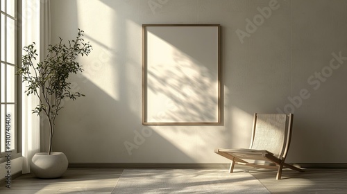 Serene Minimalist Living Room Interior Design with a Wooden Chair and Plant
