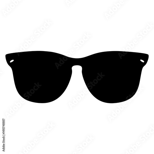 A solid black icon of retro wayfarer sunglasses on a white background