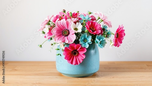 Wallpaper Mural Teal Cement Vase with Pink, White, and Teal Flowers: Aralia, Oenothera, and Poppies Torontodigital.ca