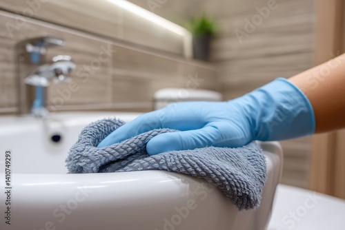 Cleaning a washbasin in a bathroom with blue rubber glove and gray microfiber cloth. Person cleaning sink in home or hotel. Hygiene and sanitation service concept.