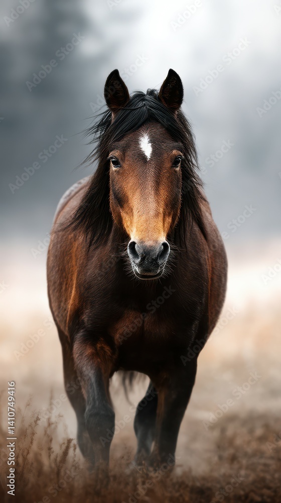 Fototapeta premium Majestic horse walks through fog-covered field at dawn