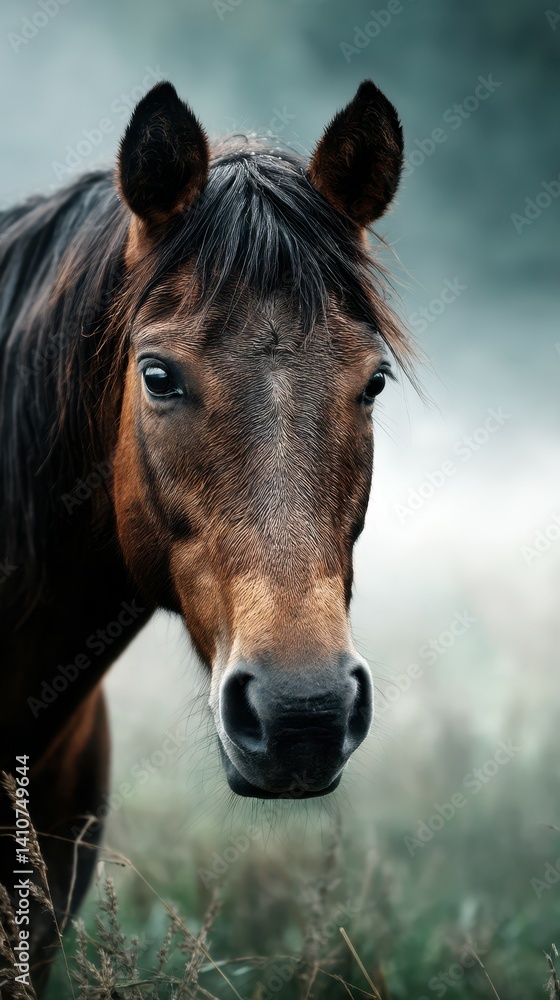 Fototapeta premium Close-up of a brown horse standing in misty meadow at dawn, capturing serene nature