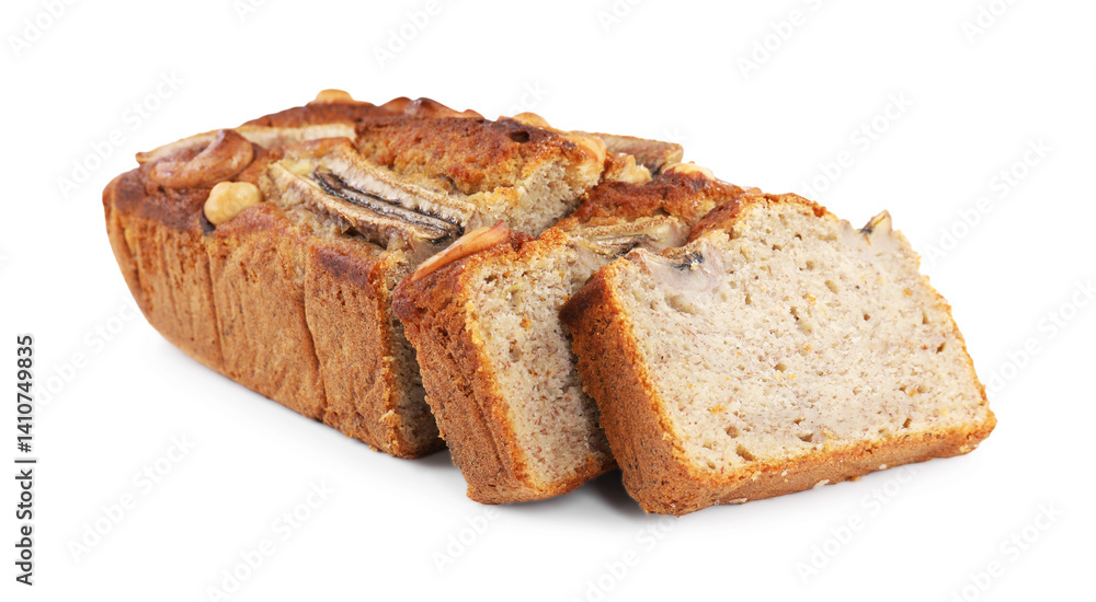Cut banana bread with nuts isolated on white Cut banana bread with nuts isolated on white
