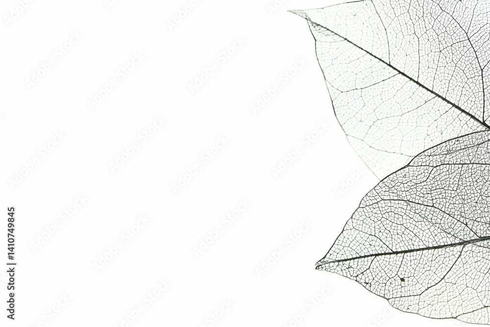 Beautiful skeleton leaves on light background, macro view. Space for text