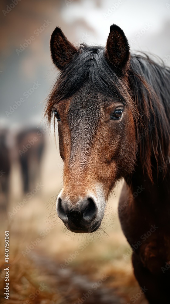 Fototapeta premium Horse posing gracefully in a misty pasture during early morning hours