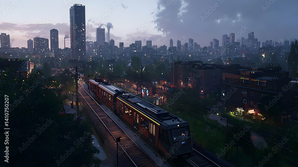 Fototapeta premium Pixelated Cityscape Evening View With Train