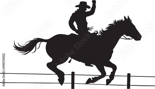 A vector silhouette of a wild west cowboy riding a running horse with rope