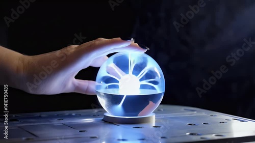 A hand touches a glass orb emitting electric arcs, showcasing a scientific phenomenon.