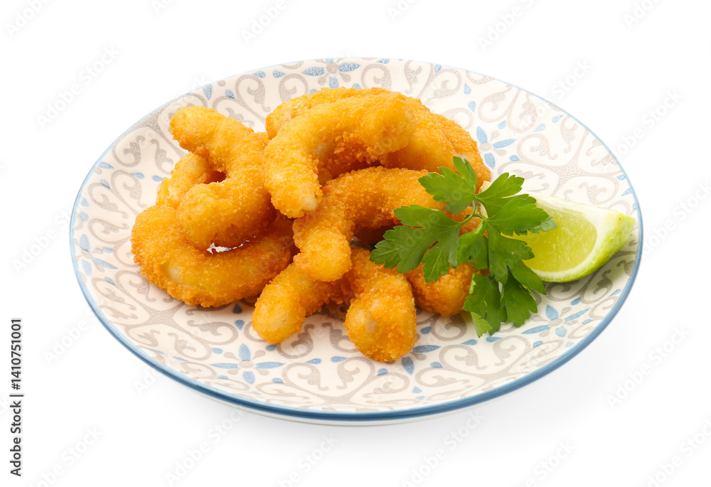 Many tasty tempura shrimps with lime and parsley isolated on white Many tasty tempura shrimps with lime and parsley isolated on white