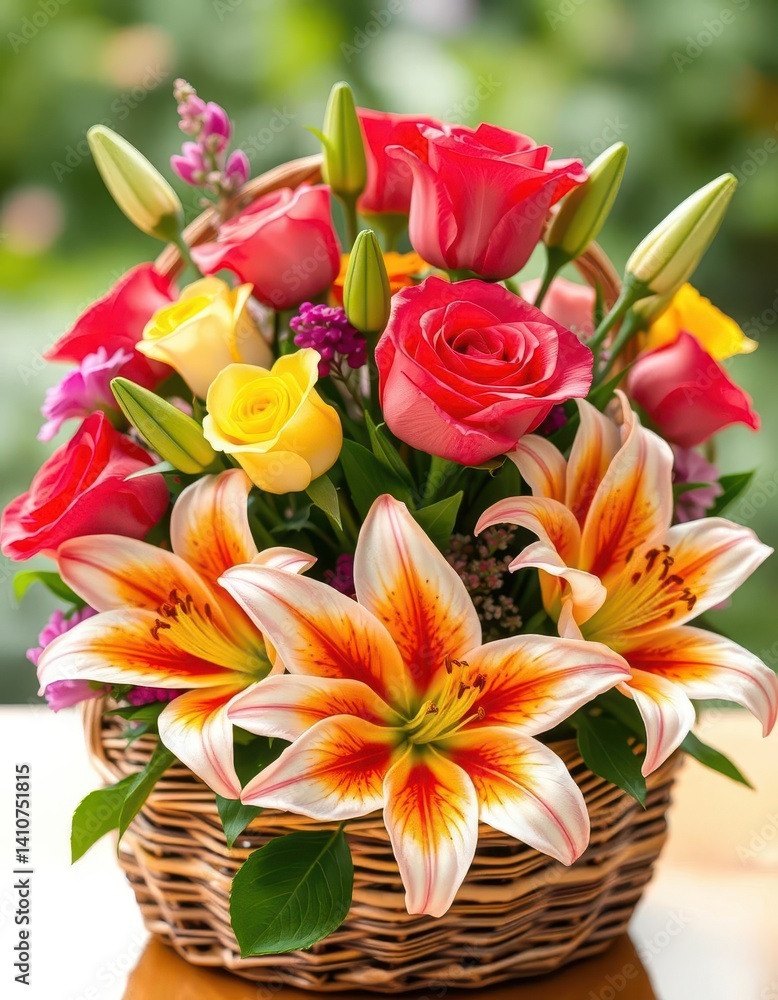 Fototapeta premium Vibrant roses & lilies in a woven basket, colorful spring bouquet, beauty, lilies