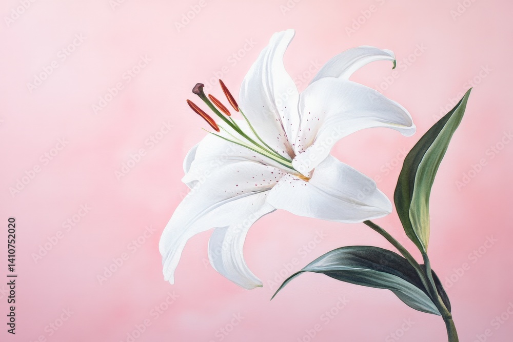 Naklejka premium Delicate white lily against a soft pink backdrop.