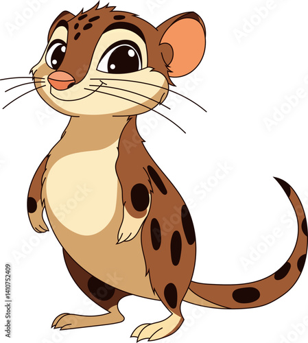 Cute cartoon marsupial with brown spots and cream colored fur. A whimsical animal with expressive eyes stands against a dark background.