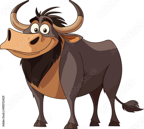 Cartoon wildebeest stands with a friendly smile, its horns curved and eyes wide open. A playful take on this wild African animal.