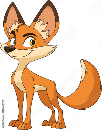 Cartoon fox with orange fur, big ears, and a sly smile poses against a dark background, capturing a playful and cunning demeanor.