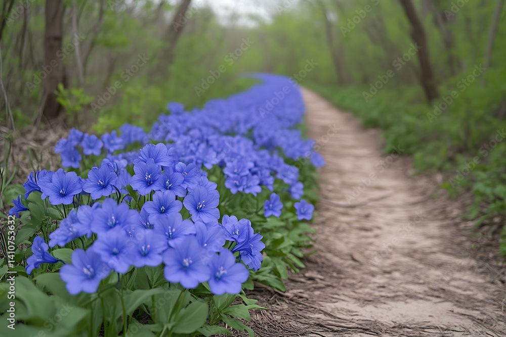 Obraz premium Blooming Blue Flowers Along a Forest Path Inviting Spring Nature Walk