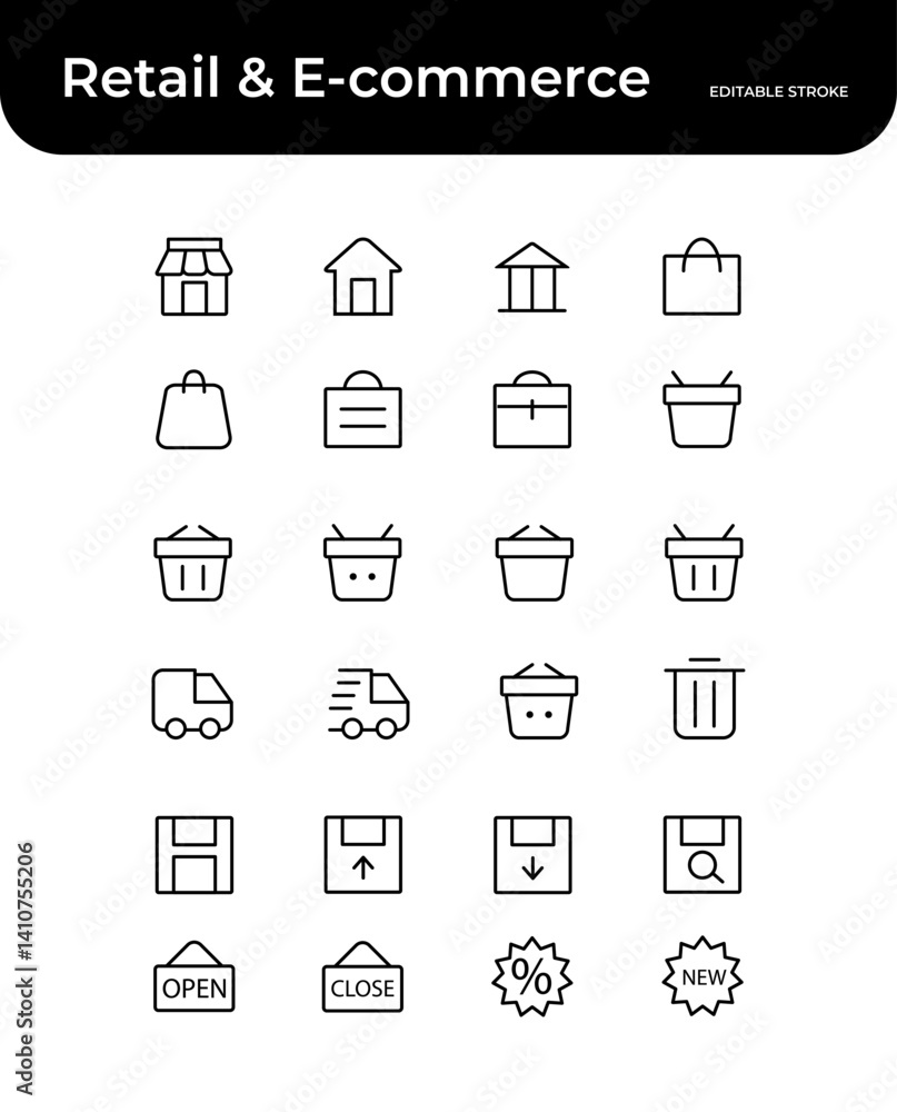 Retail & E-commerce Icon Pack. 24 essential line icons tailored for online shops, marketplaces, and POS systems. Storefronts, Bags & Baskets, Delivery, Trash & Deletion, Saving & Storage, Store Status