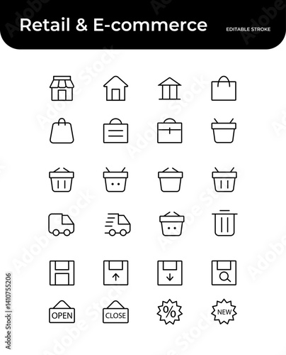 Obraz na płótnie Retail & E-commerce Icon Pack. 24 essential line icons tailored for online shops, marketplaces, and POS systems. Storefronts, Bags & Baskets, Delivery, Trash & Deletion, Saving & Storage, Store Status w salonie