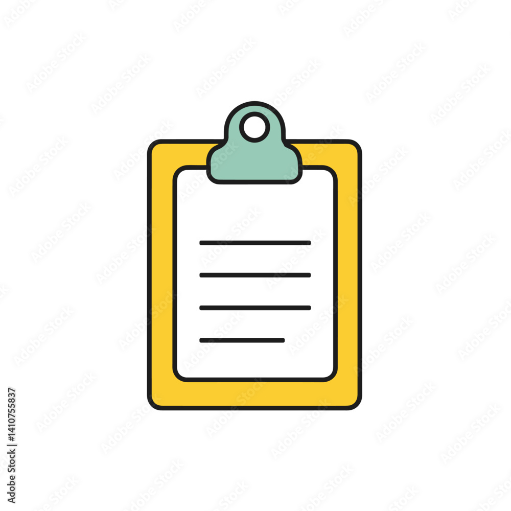 Illustration of a yellow clipboard with a list of four black lines and a green clip at the top Illustration of a yellow clipboard with a list of four black lines and a green clip at the top