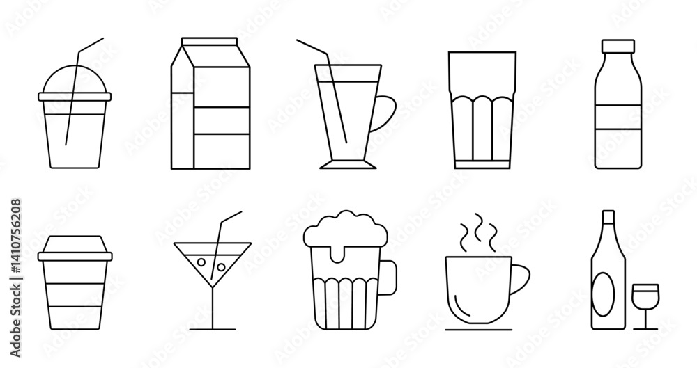 Drinks icons in line style. Cup of coffee, milk, tea, martini, glass of beer, wine, glass of water, alcoholic cocktail. Vector illustration. Drinks icons in line style. Cup of coffee, milk, tea, martini, glass of beer, wine, glass of water, alcoholic cocktail. Vector illustration.