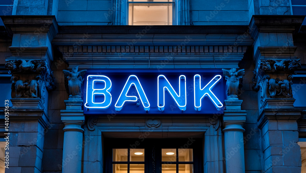 Blue neon sign shines on elegant stone facade Blue neon sign shines on elegant stone facade