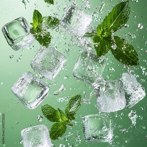 A moment of ice cubes and green mint leaves falling into water, raising water splashes. Generative AI