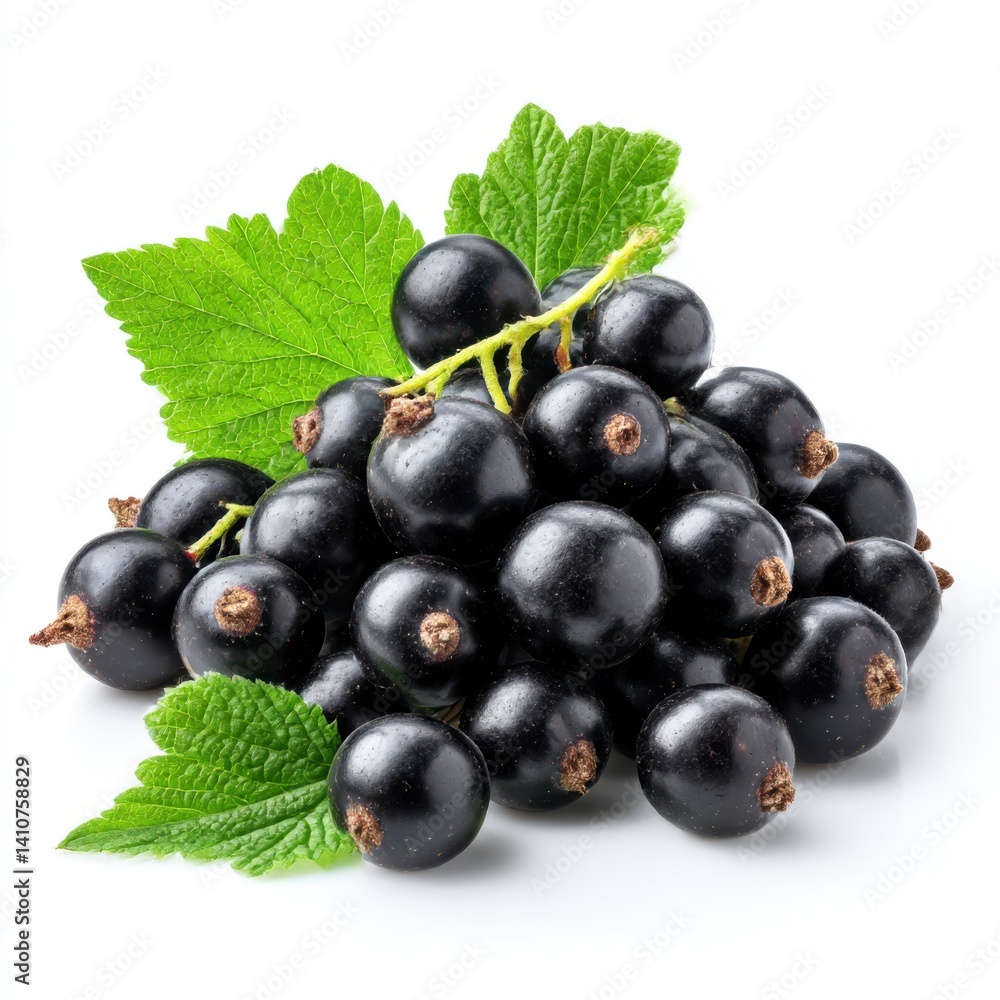 Close up of fresh blackcurrants with green leaves isolated on white background Close up of fresh blackcurrants with green leaves isolated on white background