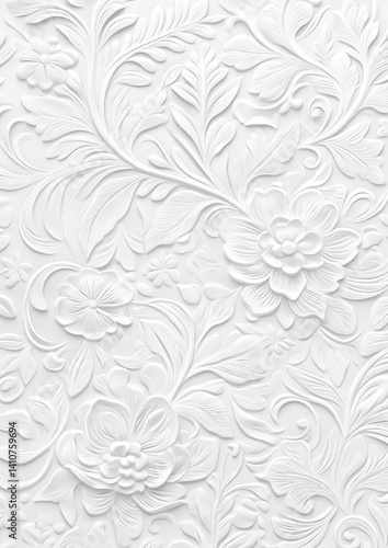 Embossed floral texture with intricate botanical details on a white background. Rococo trend.