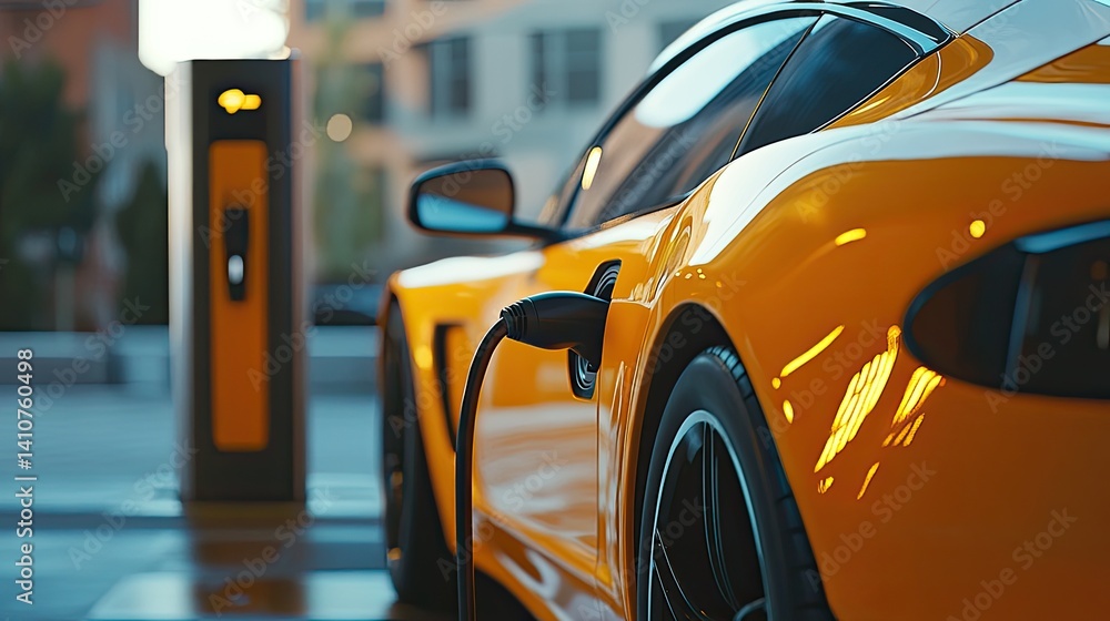 Charging a Yellow Electric Sports Car at a Modern Charging Station Charging a Yellow Electric Sports Car at a Modern Charging Station