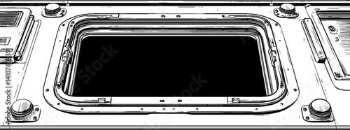 Engraved illustration of space station module window for design projects