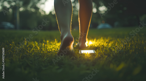 minimal legs walking barefoot on grass, small glowing phone left behind