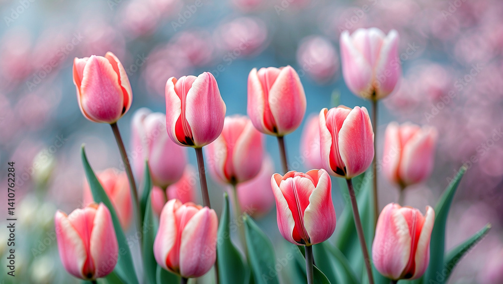 Fototapeta premium Delicate pink tulips blooming in springtime soft focus