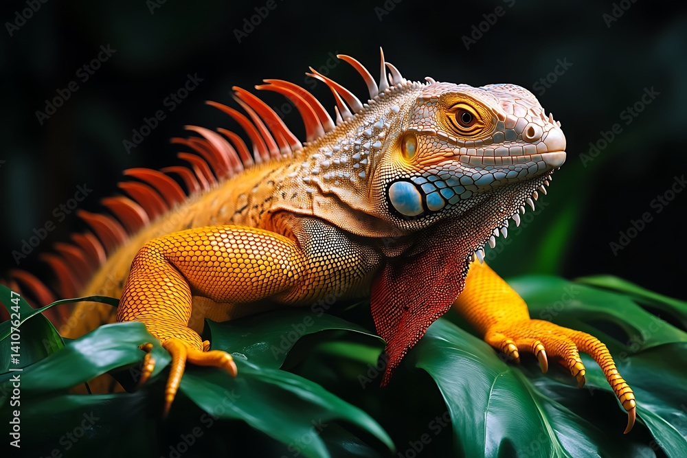 Obraz premium Orange Iguana Resting on Lush Green Leaves Wildlife Close-up