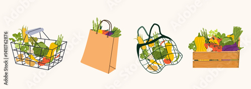 Set of bag food grocery market made of natural materials for eco-friendly shopping. Eco product ecology reusable organic nutrition isolated set. Zero waste concept plastic free concept.