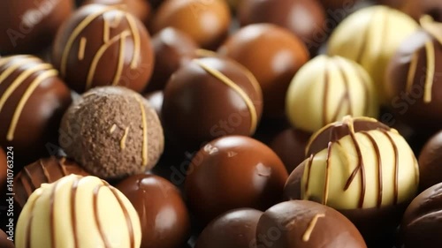 Close-up assortment of delicious chocolate truffles on dark surface