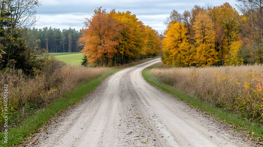 Fototapeta premium Autumn Country Road Winding Through Trees