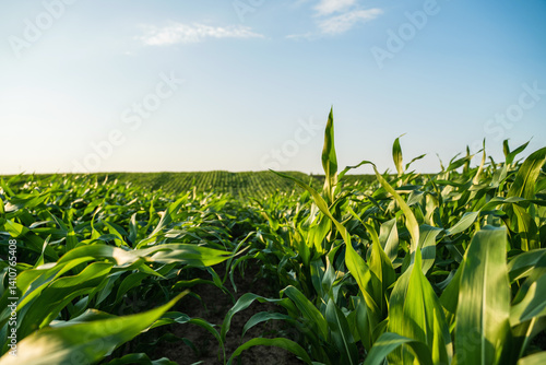Row of vibrant green growing corn field stems and leaves against a blue sky with clouds in summer. Agricultural landscape with vibrant green cornfield at sunset.