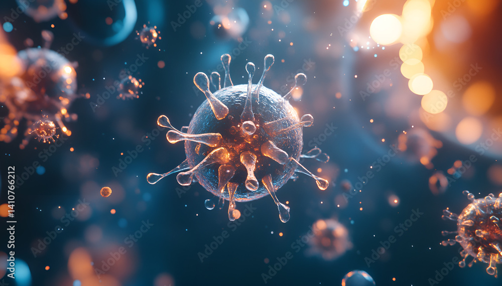 Obraz premium Bacterium floating in space with other microorganisms. microscopic view of big transparent bacterium with its tendrils, floating in space with other