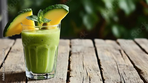 A refreshing green smoothie garnished with mango slices and mint leaves in a clear glass.