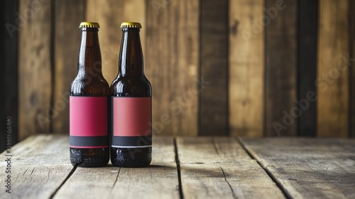 Two Craft Beer Bottles on Rustic Wooden Table Against a Wooden Wall Background, Mockup for Branding