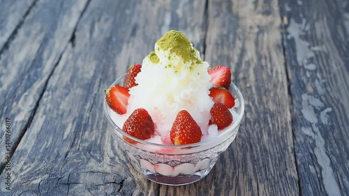 A refreshing dessert featuring shaved ice, strawberries, and matcha on a rustic wooden surface.