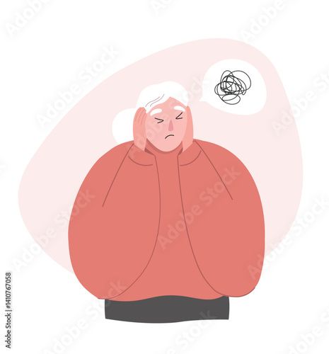 Elderly woman in pain, confused, holding her head with her hands. The old woman suffers from dementia, memory problems. Vector flat graphics.