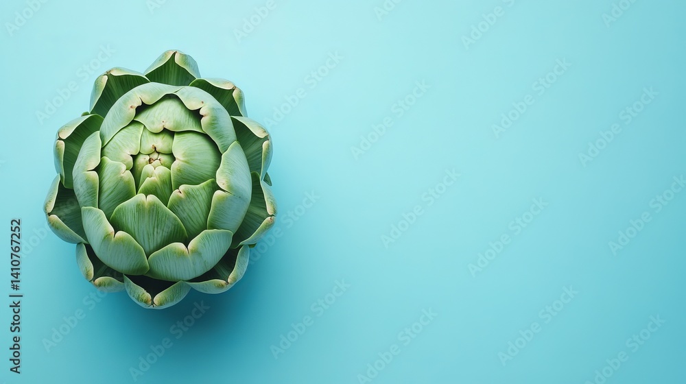 Fototapeta premium Close-up of a vibrant green artichoke on a bright turquoise background, showcasing its intricate layers.