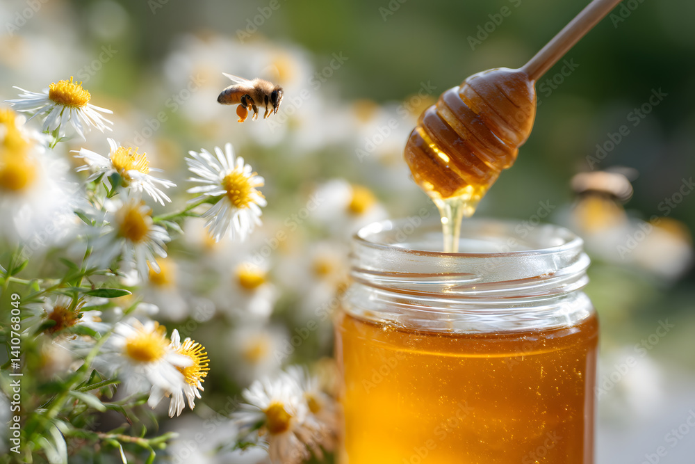 Golden honey drips from a wooden dipper near blooming flowers in a sunny garden during springtime Golden honey drips from a wooden dipper near blooming flowers in a sunny garden during springtime