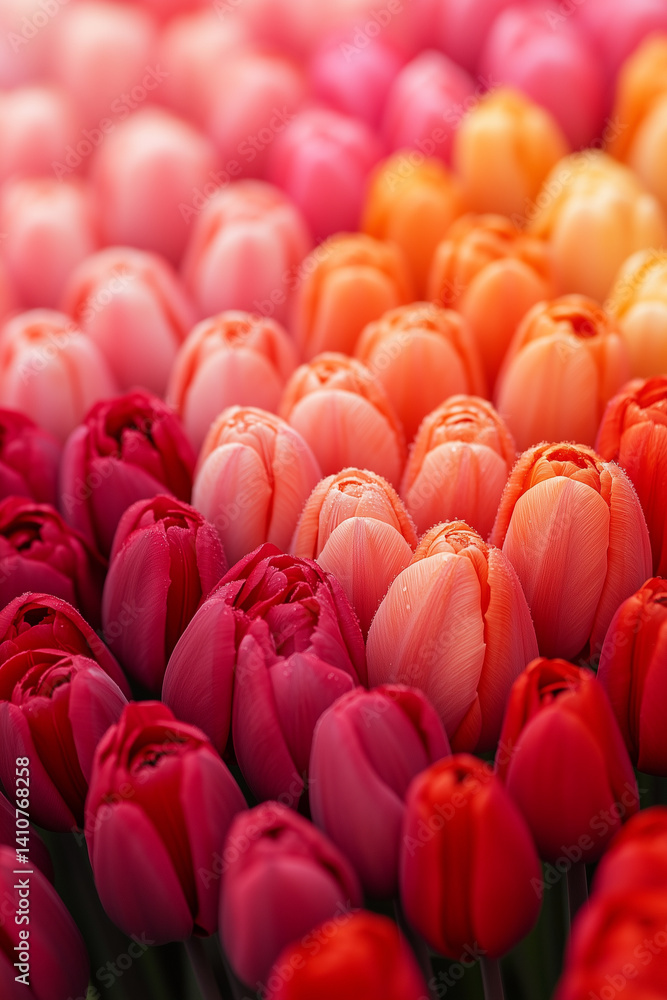 Obraz premium Close-up view of a vibrant collection of tulips arranged in a gradient of pink, orange, and red hues. The tulips are tightly clustered, showcasing a spectrum of colors