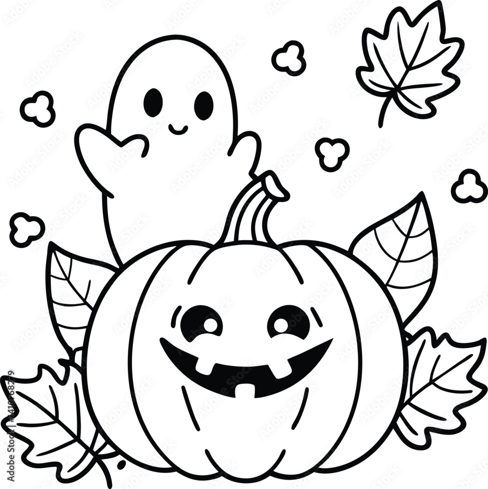 Obraz premium Adorable Pumpkin Ghost Character with Autumn Leaves Cartoon Illustration