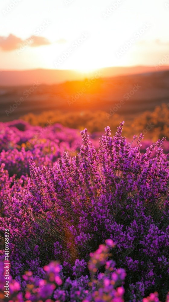 Naklejka premium Lavender field glows during golden sunset. Hills beyond in soft focus