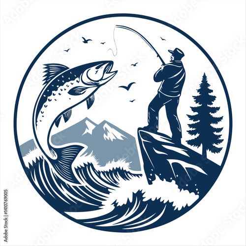 Man Fishing in Wild River with Jumping Trout – Retro Outdoor Illustration