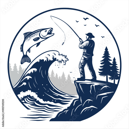 Man Fishing in Wild River with Jumping Trout – Retro Outdoor Illustration