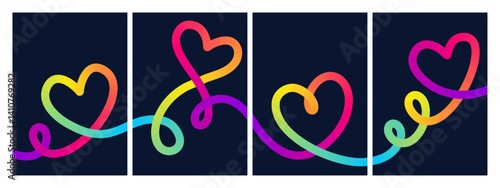Gradient abstract backgrounds with 3D heart shaped colorful lines  modern vector posters and playful compositions for postcards and prints